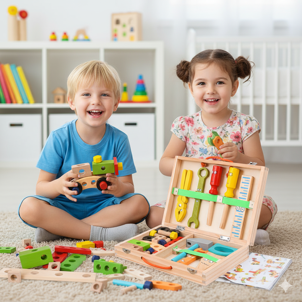 Wooden Tool Box Set – Montessori Hands-On Learning Construction Toy for Kids