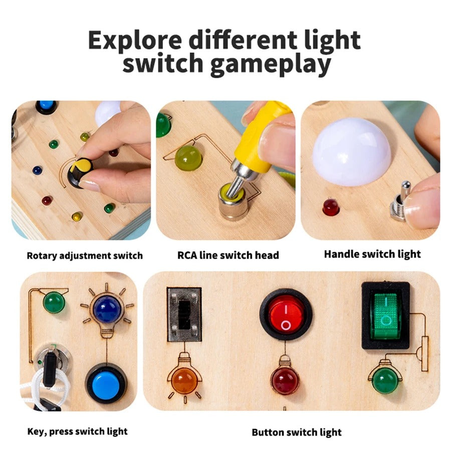 Montessori Wooden Activity Board – Learn Through Light, Switches & Curiosity