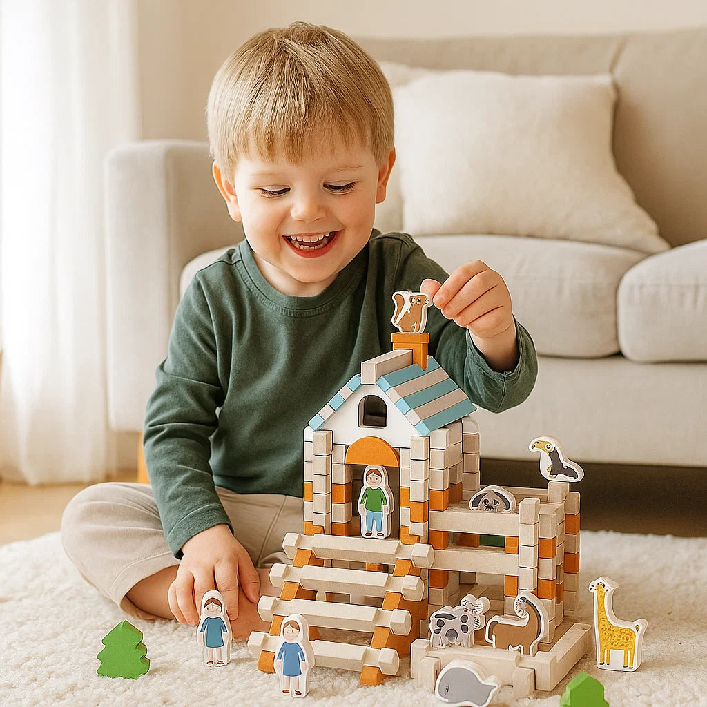 Montessori Wooden Building Block Set – Natural Stacking & Construction Toy